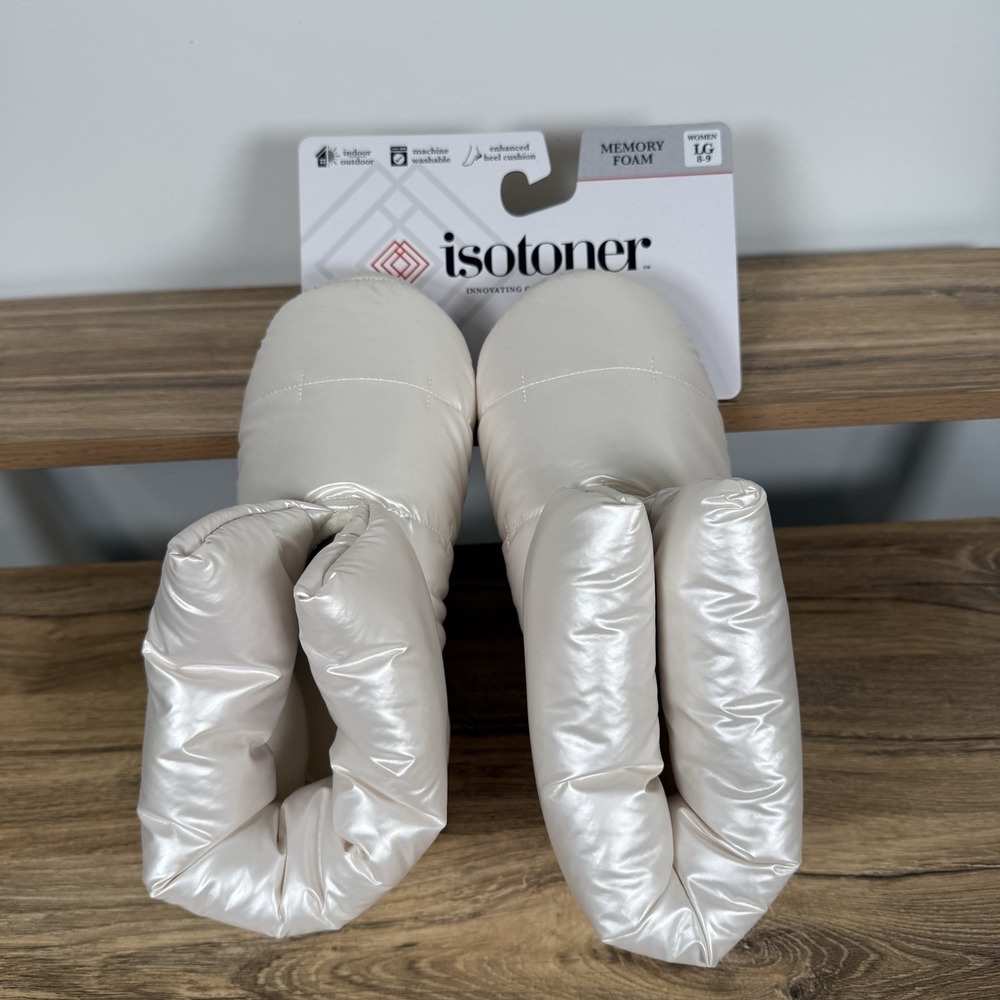 NWT Isotoner Mikaela Women's Puffer Bootie Slippers Quilted Pearl Size Large New